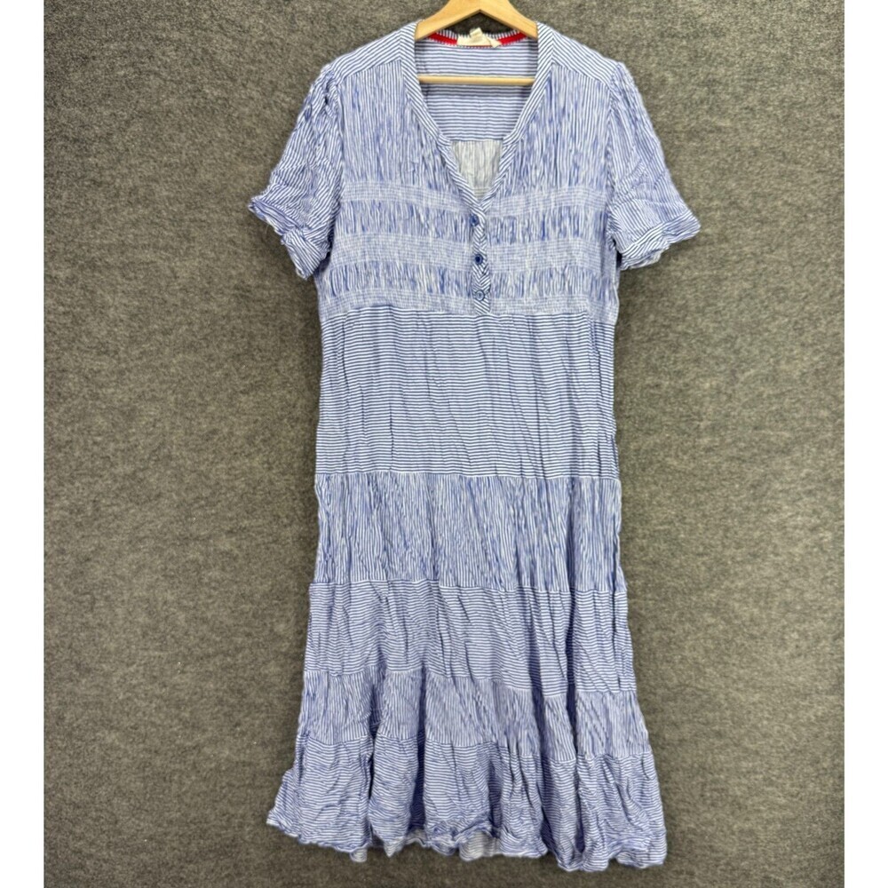 Cactus + Pearl Dress Women 2XL Blue Striped Shift Midi V-Neck Short Sleeve Rayon